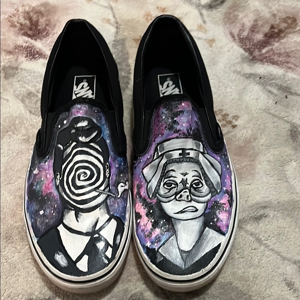 “ The Twilight Zone “Vans Black and Purple Artistic Slip-Ons. Hand painted.